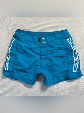 Y2K RRD women's blue white lined 4" board shorts, 27"